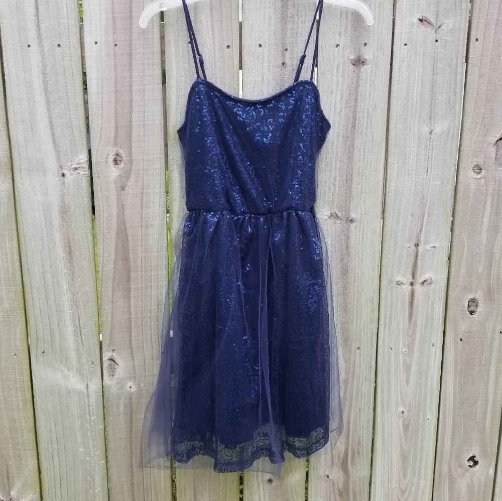 Navy Sequin and Tulle Covered Tank Dress Size Med